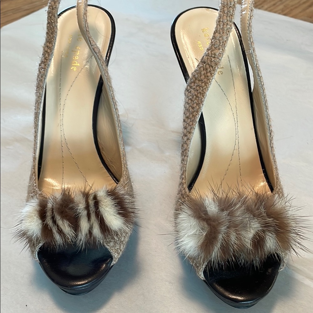 Kate Spade Brown Slingback Heels with Fur Detail size 8